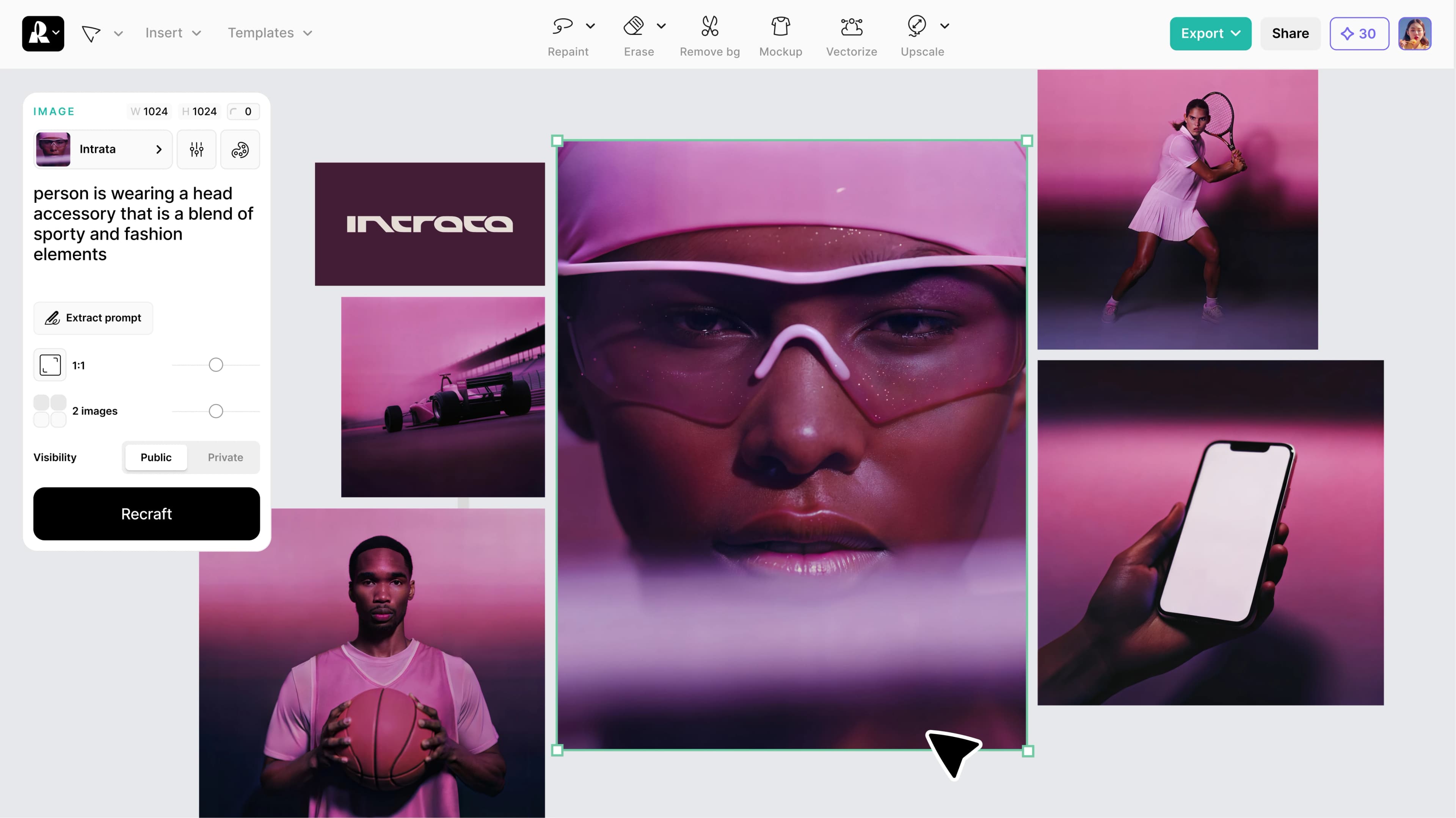 A mockup of the Recraft editor interface showcasing AI image generation capabilities for brand-specific visuals.